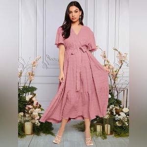 Size 12 XL Pink Maternity Butterfly Sleeve Ruffle Hem Belted Dress